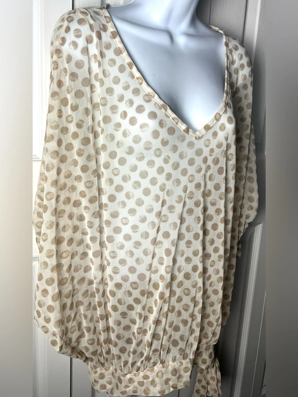 SWEET PEA Stacy frati Y2K Polka Dot Sheer Dolman Tan Ivory V Neck Feminine